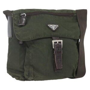 Authentic PRADA Shoulder Bag Nylon Khaki Silver